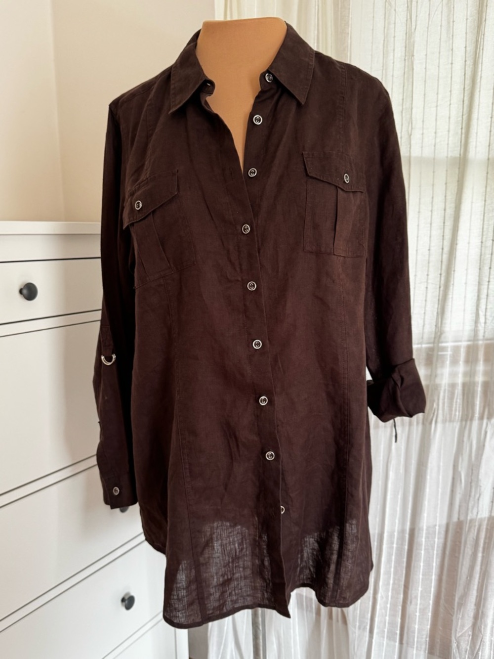 Chicos size 3 100% linen Button-Up Shirt in Dark Brown